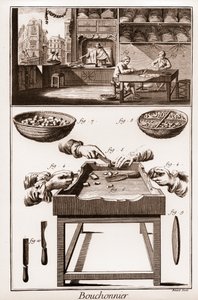 Bouchonnier, produksjon av korkpropper - "" La Grande Encyclopédie, ou Dictionnaire Raisonne des Sciences, des Arts et des Metiers" (Encyclopedia or Dictionary of the Sciences, Arts and Professions) av Denis Diderot (1713-1784) og Jean d' av French School