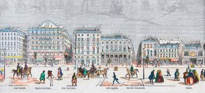 Boulevard des Italiens Südseite - Rue Favart - Opéra comique - Rue Marivaux - Café Anglais - Rue Grammont - Basar - Gravur in „Tableau-de-Paris“ von Edmond Texier 1852. von French School