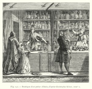 En pottemakerbutikk i tinn; etter Christophe Kilian, 1700-tallet (gravering) av French School