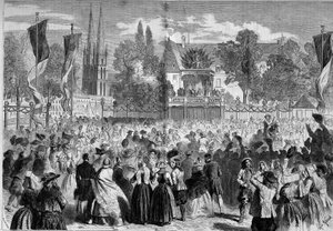 Breton Ball på slagmarken ved Quimper (Finistere, 29) i nærvær av Napoleon III (1808-1873) og imponen Eugenie (1826-1920). Gravering i "" Le Monde Illustré"" nr. 72 av 28. august av French School