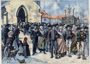 Breton custom: Traditional marriage in Plougastel (Finistere, Brittany). Marriages leave the Church. Engraving in “” Le Petro Parisien”” av French School