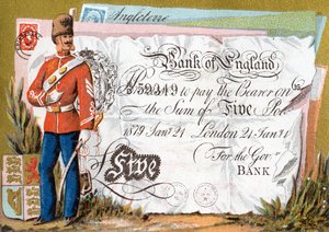 Britisk hærsoldat som vokter en Bank of England Five Pound Note, 1886-95 av French School