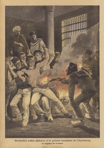 Mobbing blant fanger i det maritime fengselet i Cherbourg (farge litho) av French School