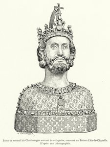 Vermeil-byste av Charlemagne tjener som relikvieskrin, bevart i statskassen i Aix-la-Chapelle (gravering) av French School