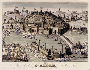 KOLONIALISMEN: Blokaden av byen Alger av den franske hæren. 1830 (fargegravering) av French School