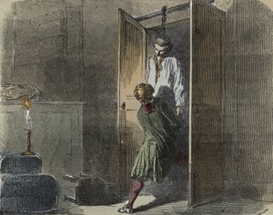 Calas-saken: 13. oktober 1761 blir Marc Antoine Calas funnet hengt i familiebutikken i Toulouse - Gravering i "" Causes celebres de tous les peuples"" av Armand Fouquier (1817-18?) 1858-1867 - privat samling av French School