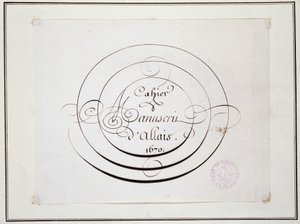 Kalligrafi: Manuskriptstykke datert 1670 av Jean Baptiste Alais de Beaulieu fils, "" Alais manuskriptnotatbok av French School