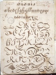 Calligraphy: Manuscript piece of round on veline adorned with arabesques around 1813 by Sebastien Royllet.Historical Library of the City of Paris av French School