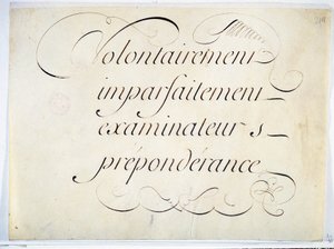 Kalligrafi: manuskriptstykke rundt 1670 av Andre Francois Roland. "med vilje, ufullkommen, eksaminatorer, overvekt"". av French School