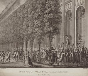 Camille Desmoulins leverer en oppfordring til våpen til folket ved Palais Royal, Paris av French School