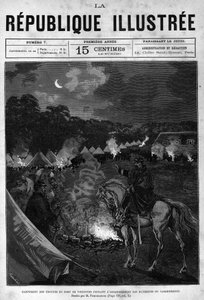 Leir av troppene til Fort de Vincennes under oppryddingen av bygningene. En avis. Gravering fra 1880 i "La republique illustree"" privatsamling. av French School
