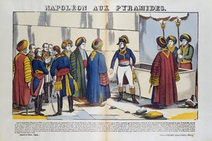 Kampanje (ekspedisjon) av Egypt (1798-1801): Bonaparte Napoleon til pyramidene i Egypt i 1799. Bilde av Epinal av French School