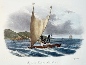Kano med seil fra Vanikoro-øyene, Salomonøyene (øygruppen), fargegravering fra oppdagelsesreisen til Astrolabe foretatt etter ordre fra kongen, i årene 1826-1829, av Jules-Sebastien-Cesar Dumont d