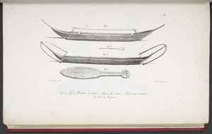 [Kanoer, og en klubb fra Påskeøya], fra pittoreske reiser rundt om i verden, med portretter av villmenn i Amerika, Asia, Afrika og øyene i det store havet; landskap, havutsikt og flere naturhistoriske gjenstander; accom av French School