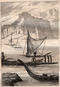 Kanoer fra Marquises-øyene - illustrasjon hentet fra "The Great Mariners of the 18th century"" av French School