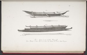 [Kanoer fra Marshalløyene, og en kano og våpen fra Cookøyene], fra Picturesque Voyage Round the World, med portretter av villmenn fra Amerika, Asia, Afrika og øyene i det store hav; landskap, havutsikt og mer av French School