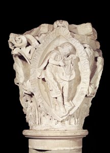 Kapital som viser den tredje nøkkelen til Plainsong med en luttspiller, ca. 1095 av French School