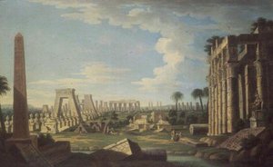 Capriccio med egyptiske ruiner (olje på panel) av French School