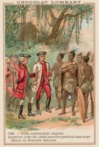 Kaptein James Cook møte med maorihøvdinger i New Zealand, 1769 av French School