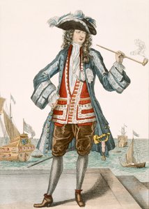 Kaptein Jean Bart av Dunkerque 88:Le Capitaine Jean Baert de Dunquerque, kapteinen på flåten, står og røyker en lang pipe på kaien; Jean Bart (1651-1702), flamsk sjømann w av French School