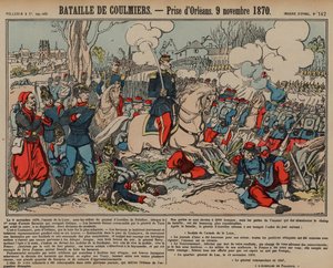 Erobring av Orleans av franskmennene etter slaget ved Coulmiers, fransk-prøyssisk krig, 9. november 1870 (farget gravering) av French School