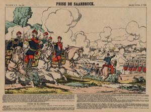 Erobringen av Saarbrücken av den franske, fransk-prøyssiske krigen, 2. august 1870 (farget gravering) av French School
