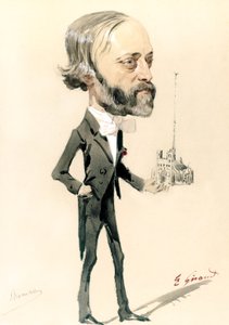 Karikatur av arkitekten, Eugène Emmanuel Viollet-le-Duc (farge litho) av French School