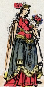 Karolingisk dynasti: Portrett av Hildegarde av Vintzgau (v. 758-783) kone til Karl den store eller Karl den Store (Carolus Magnus, 742-814). Epinal avbildning fra slutten av 1800-tallet. Privat samling. av French School