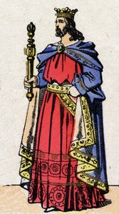 Karolingisk dynasti: Portrett av Ludvig IV, kjent som Outremer (921-954), kongen av frankene fra 936 til 954. Epinal avbildning fra slutten av 1800-tallet. Privat samling. av French School
