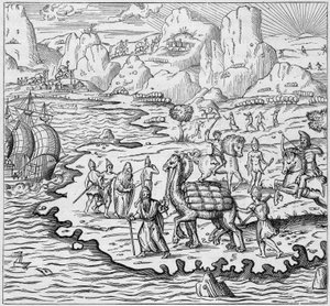 Godstransport med kamel for lasting av skip som forlater den greske disken i Alexandria til Europa. Gravering i "La Marine et les colonies: handel" av French School
