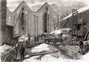 Isen fraktet på Mr. Charles#39; islager, Lindsey House, London, fra #39;L#39;Univers Illustré#39;, utgitt 1866 (gravering) av French School