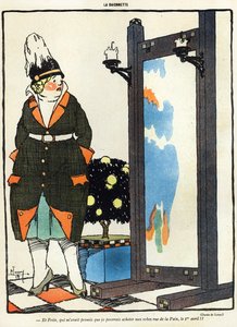 Tegneserie som viser en tysk dame skuffet over ikke å kunne kjøpe de nye klærne sine i Paris i rue de la Paix, fra aprilsnarren (Poisson dAvril)-utgaven av magasinet La Baionette, 29. mars av French School