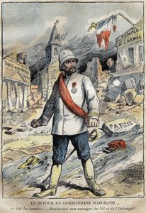 Tegneserie om kommandør Jean-Baptiste (Jean Baptiste) Marchand (1863-1934), i Toulon, på vei tilbake fra et leteoppdrag (1896-1899) i Afrika. Gravering i "" Le Pelerin"" 4/06/1899. av French School