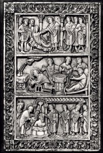 Utskåret plakett for et bokomslag som viser scener fra livet til St. Remigius (ca. 437-533) og dåpen til Clovis I (465-511) av French School