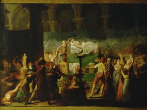 Katafalk for Jean-Paul Marat etter at han ble myrdet av Charlotte Corday … av French School