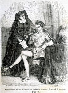 Catherine de Medici (Caterina de Medici) tears from her son (Charles IX) the order to give the signal of the massacre of Saint Barthelemy in 1572 - in “Histoire de France” by L.-P. Anquetil av French School