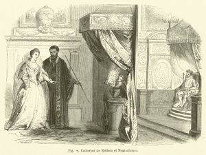 Catherine de Medici og Nostradamus (gravering) av French School