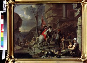 ""Ryttere ankommer et vertshus på veien"" (Ryttere på taverna) Tiggere er installert foran inngangen. Maleri fra den franske skolen i andre halvdel av 1600-tallet. Pushkin-museet, Moskva av French School