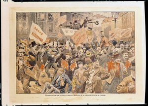 Feiringer i Londons gater etter nyheten om fredsslutningen i Transvaal, mai 1902 (trykk) av French School