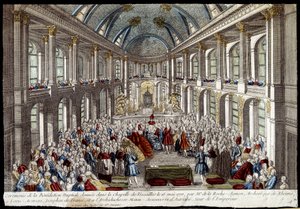 Seremoni for brudevelsignelsen gitt i kapellet i Versailles 16. mai 1770 av Louis Auguste, delfin fra Frankrike (Louis XVI), og Marie Antoinette av Østerrike - gravering av French School
