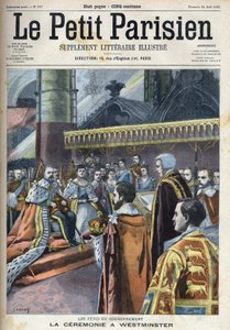 Seremoni for kroningen i Westminster: Kong Edward VII (1841-1910) og Alexandra av Danmark (1844-1925), i "Le petit Parisien"" av French School