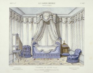Soverom til ung jente, fra Le Garde-Meuble, Pub. Paris, ca. 1890 (fargelitografi) av French School