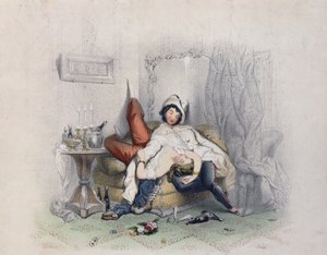Champagne & Love, et amorøst par sovnet etter sin sjette flaske champagne, gravert av Bettannier Freres, Paris, 1852 av French School