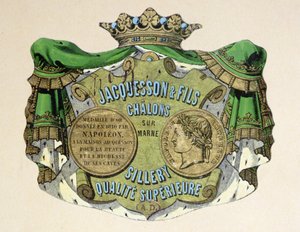 Champagneetikett for Jacquesson & Fils, Champagne Sillery Marque, midten av 1800-tallet (farge litho) av French School