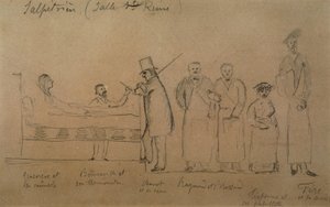 Charcot designet av en av elevene hans. Fra venstre til høyre: pasient Genevieve i camisole, doktor Desire Magloire Bourneville med termometer, Jean Martin Charcot, Raymond og Brissaud, Me Tirperme og Charles Fere. Rom Holy Queen, Salpetriere Hospi av French School
