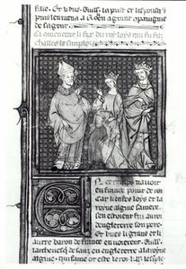 Charles III (879-929) den enkle med sin kone og sønnen, Louis IV (921-954), Grandes Chroniques de France, 1375-79 av French School