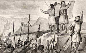 Charles II (823-77) den skallede og hans bror Ludvig den tyske inngår traktat i Strasbourg i 842, fra 