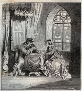 Charles VI (1380-1422) og Odette de Champdivers - Kong Charles VI av Frankrike, kjent som Charles the Good Aime, deretter Charles the Fol (1368-1422) med sin elskerinne Odinette (Odette) de Champdivers (ca. 1390-rundt 1425) spillkortgravering i «Paris a t av French School