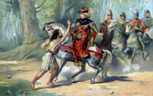 Charles VI fanget i galskap i Le Mans-skogen. kromolitografi på slutten av 1800-tallet av French School