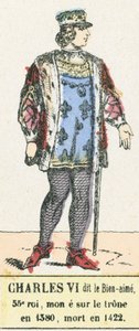 Charles VI kalt den elskede, 53. konge, besteg tronen i 1380, døde i 1422 (farget gravering) av French School